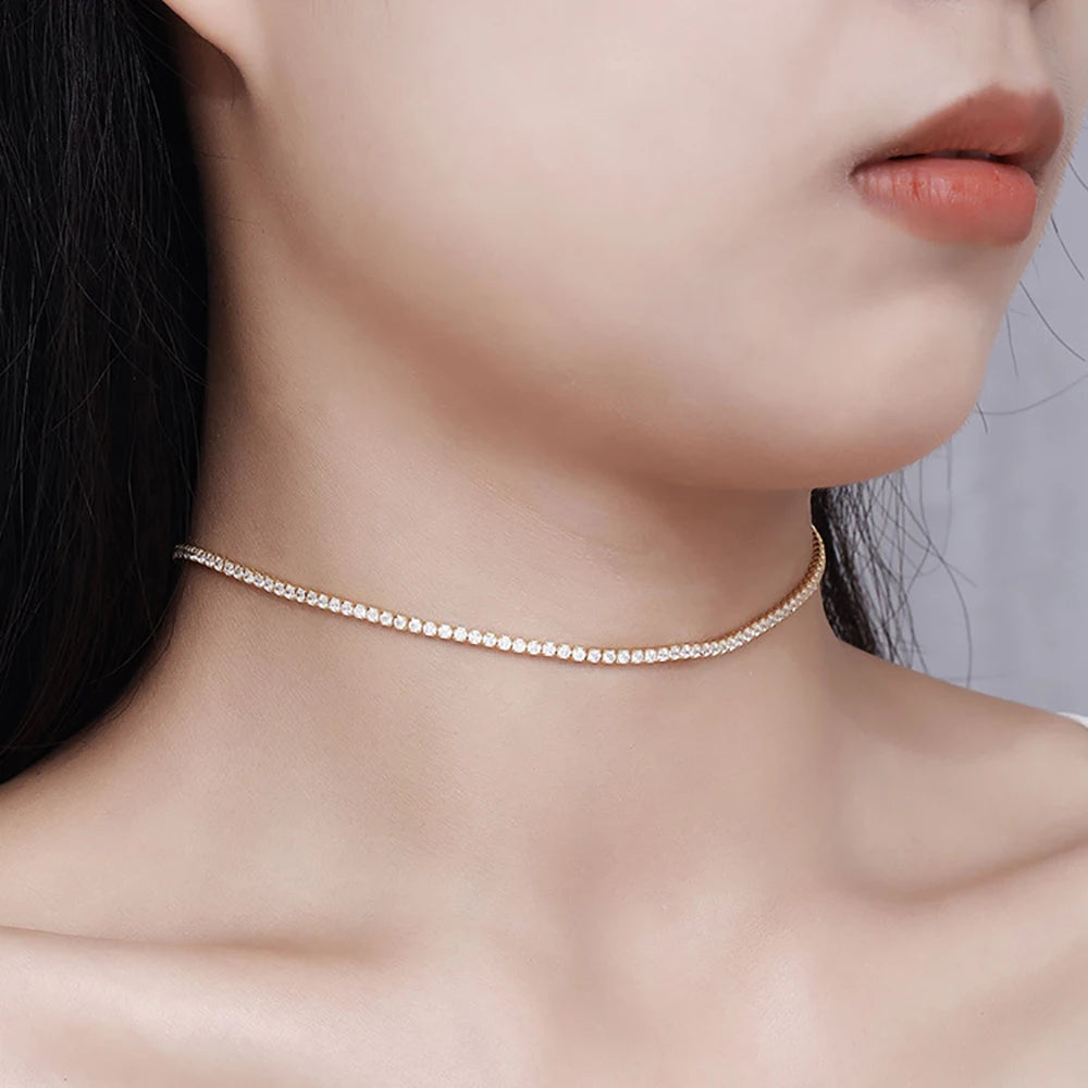 Serenity 2mm D Moissanite Tennis Necklace Women Gift Solid S925 Silver Strap Choker Clavicle Neck Chain Plated 18K Fine Jewelry