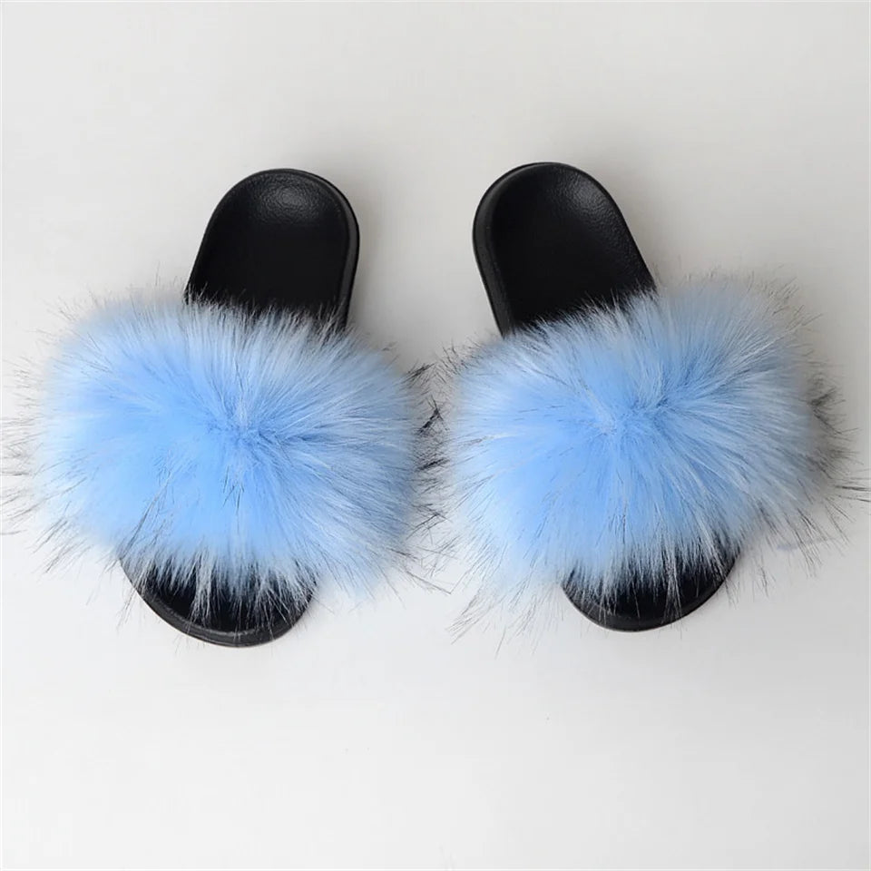 Women's Summer Faux Fur Fox Fur Slippers Fashion Luxury Indoor and Outdoor Non-Slip Solid Color Flat Bottom Furry Sandals