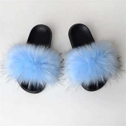 Women's Summer Faux Fur Fox Fur Slippers Fashion Luxury Indoor and Outdoor Non-Slip Solid Color Flat Bottom Furry Sandals