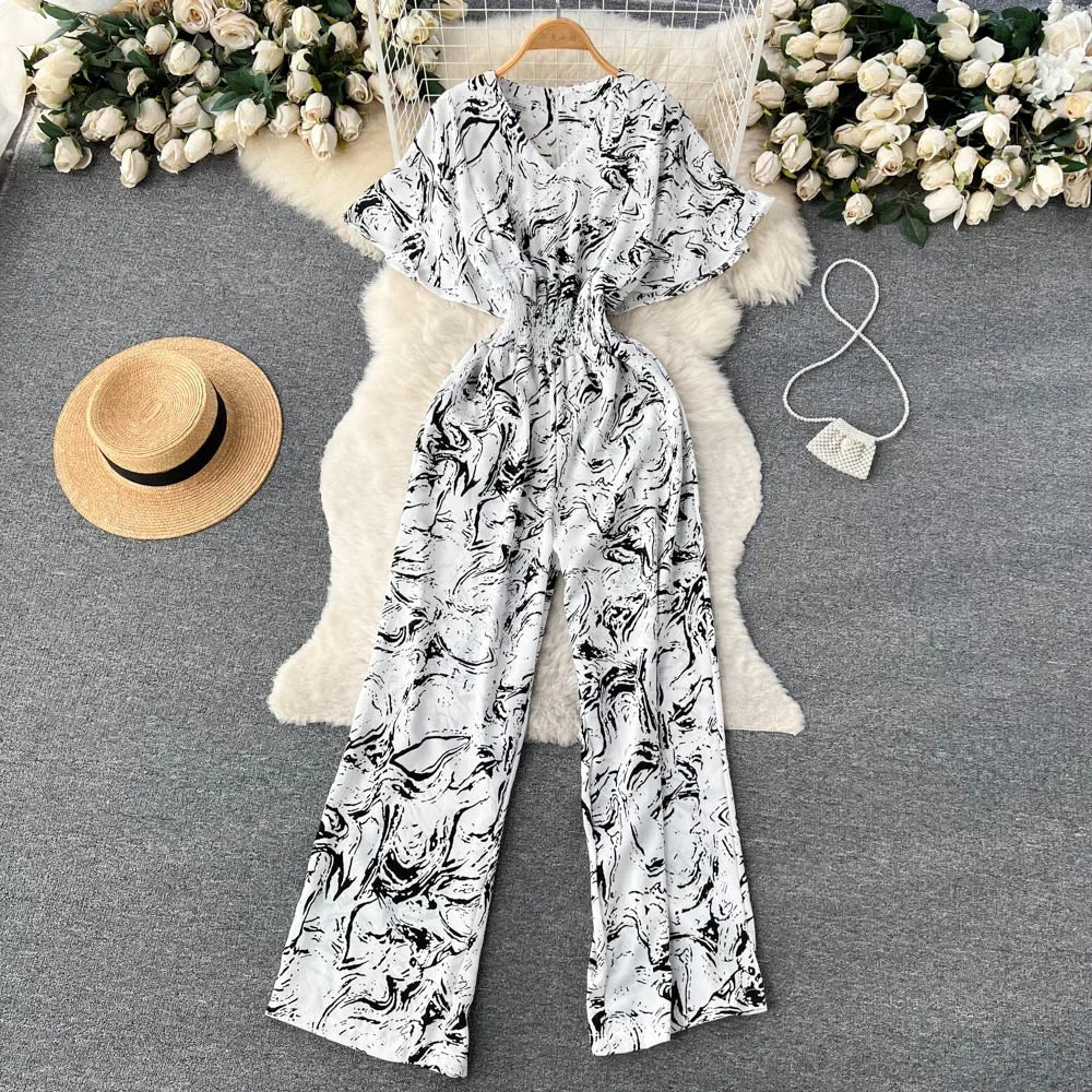 2026 New Summer Beach Summer Floral Jumpsuits Fashion V Neck Elastic Slim Short Sleeve Streetwear Vacation Retro Long Rompers
