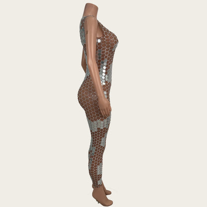 Women Sexy Sparkly Mirrors Sleeveless Bodycon Jumpsuit Celebrate Event Club Rompers Photo Shoot Stage Fashion Outfit Yinpianku