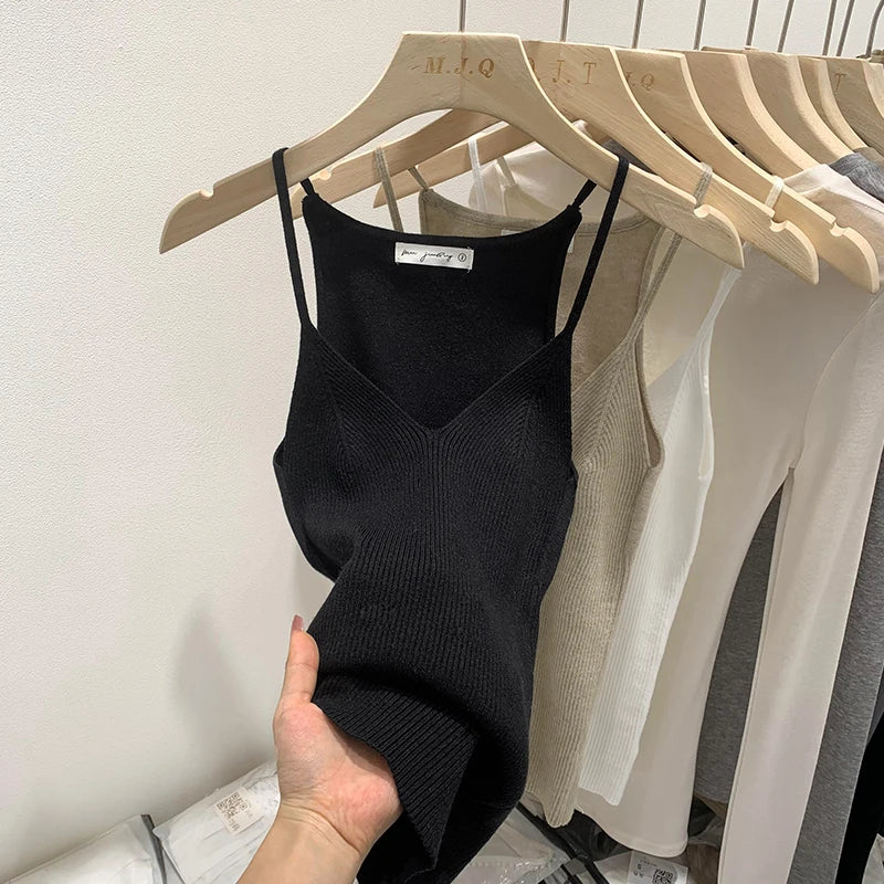 2026 Women Summer Style Sleeveless Vest Solid Color Slim Fit V Neck Knitted Top Fashionable Versatile Base Layer Knit Tank Tops