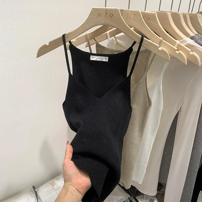 2026 Women Summer Style Sleeveless Vest Solid Color Slim Fit V Neck Knitted Top Fashionable Versatile Base Layer Knit Tank Tops
