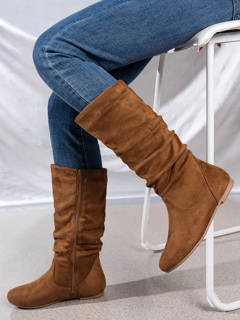Fashion Faux Suede Mid-calf Boots for Women Plus Size Autumn and Winter New Round Toe Side Zipper Pleated Flat Boots Botas Mujer