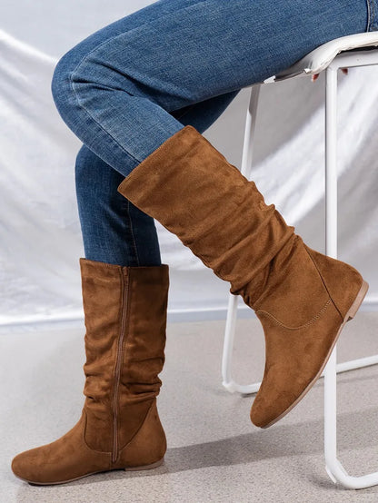 Fashion Faux Suede Mid-calf Boots for Women Plus Size Autumn and Winter New Round Toe Side Zipper Pleated Flat Boots Botas Mujer