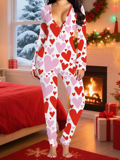 Christmas Women's Jumpsuit Pajamas Long Sleeve V Neck Themed Print Bodysuit Sleepwear with Drop Seat Butt Flap