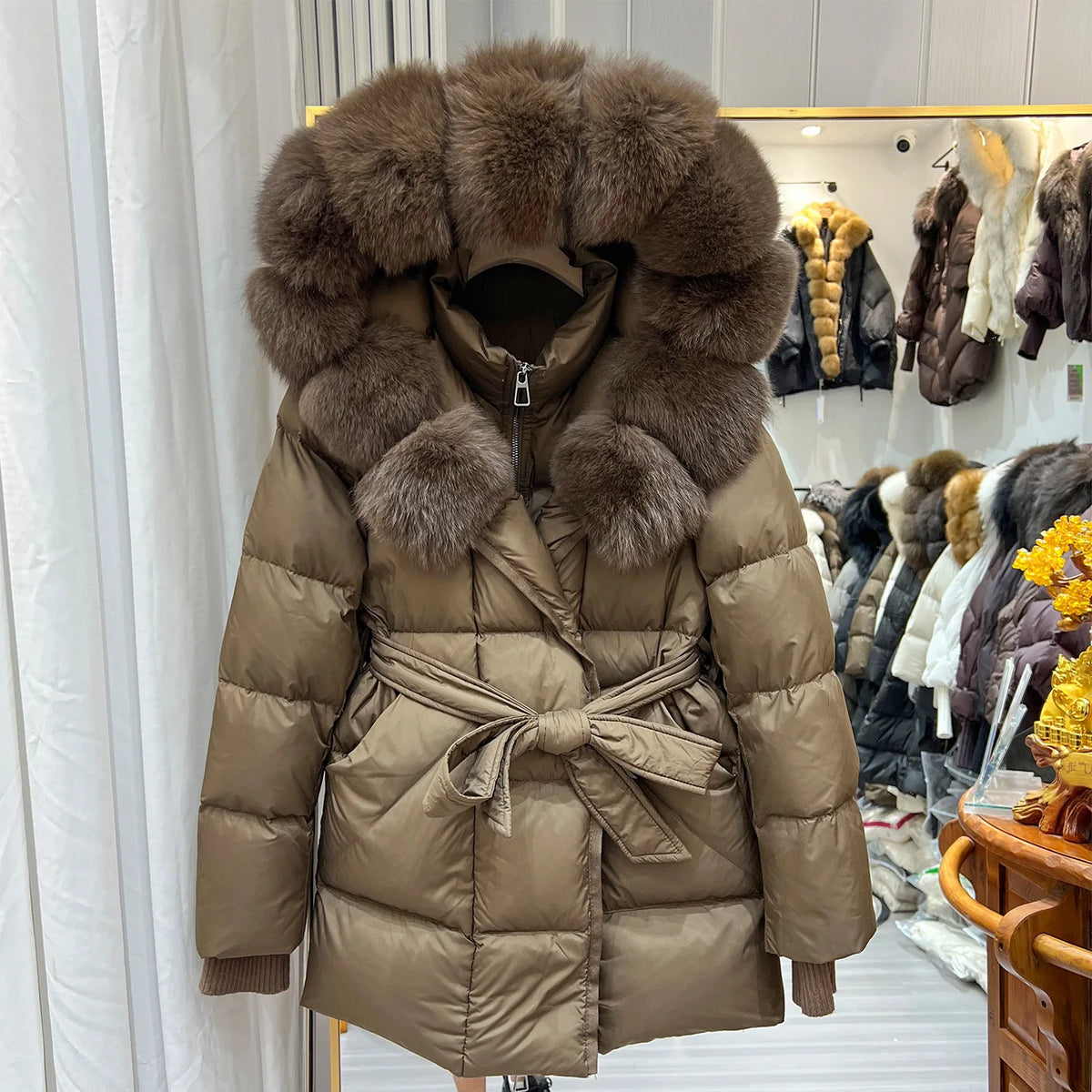 Women Winter Long Down Jacket Genuine Fox Fur Large Collar Hooded Slim Fit Waist Belt Warm Fashion Versatile Casual Winter Coat