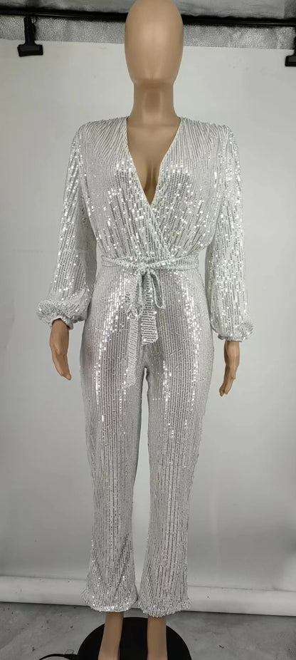 2026 Women's Elegant Sequined Jumpsuit Spring Summer Ladies Bling Bling V-neck High Waist Rompers Overalls with Lantern Sleeve