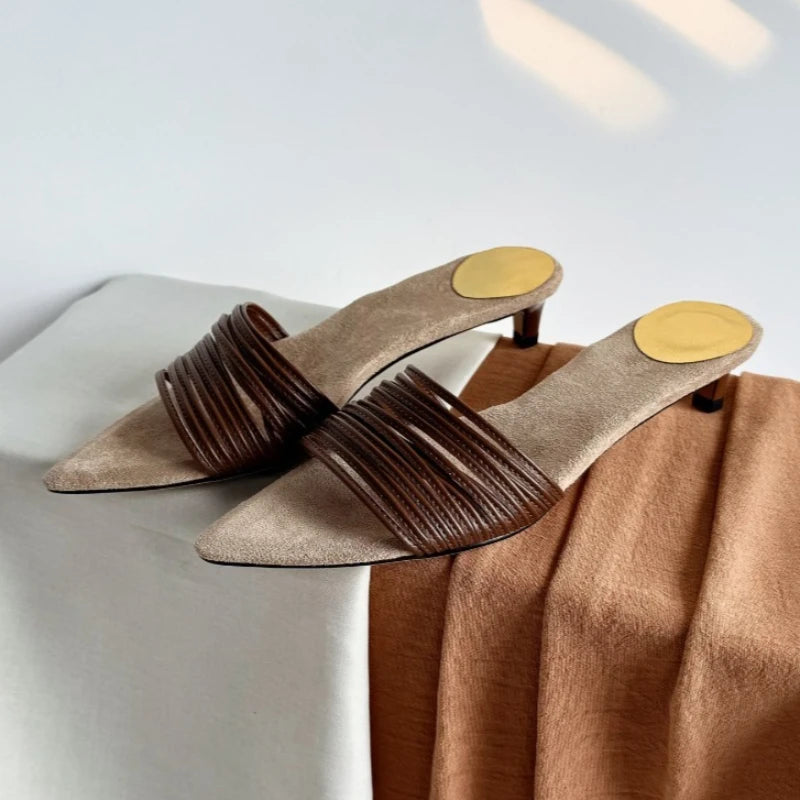 Black Pointed Toe Narrow-band Mule Slippers Women Sexy Open Toe Kitten Heel Slide Sandals Luxury Gold Embellished Design Shoes