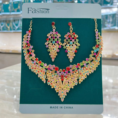 Two Piece Set of Emerald Fan-Shaped Necklace Earrings for Women on Vacation, Sweet Dates, Honeymoons, Valentine's Day Gifts