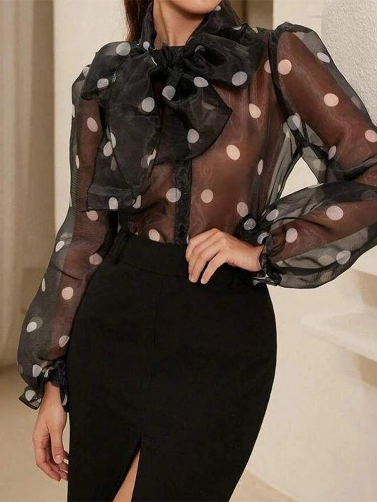 Fashion Women Polka Dot Print Shirt Office Lady Casual Elegant Chic Blouse Lace-up Bow Long Sleeve Loose Top 2025 Ropa Mujer