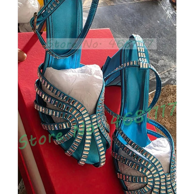 Crystal Caged Mid Block Heel Satin Sandals Women Metallic Leather Luxury Feminine Shoes Ladies Summer Ankle Strap Evening Shoes