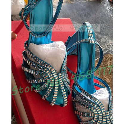 Crystal Caged Mid Block Heel Satin Sandals Women Metallic Leather Luxury Feminine Shoes Ladies Summer Ankle Strap Evening Shoes