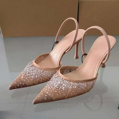 Luxury Broken Drill Diamond Mesh Fabric Women Sandals 2025 Summer Slingback Elegant Pointed Toe High Heels Fashion Lady Shoes