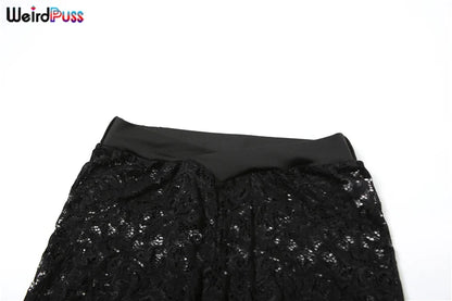 Weird Puss See Through 2 Piece Set Women Sexy  Hollow Jacquard Backless Bodysuit+Leggings Tight Activity Clubwear Skinny Outfits