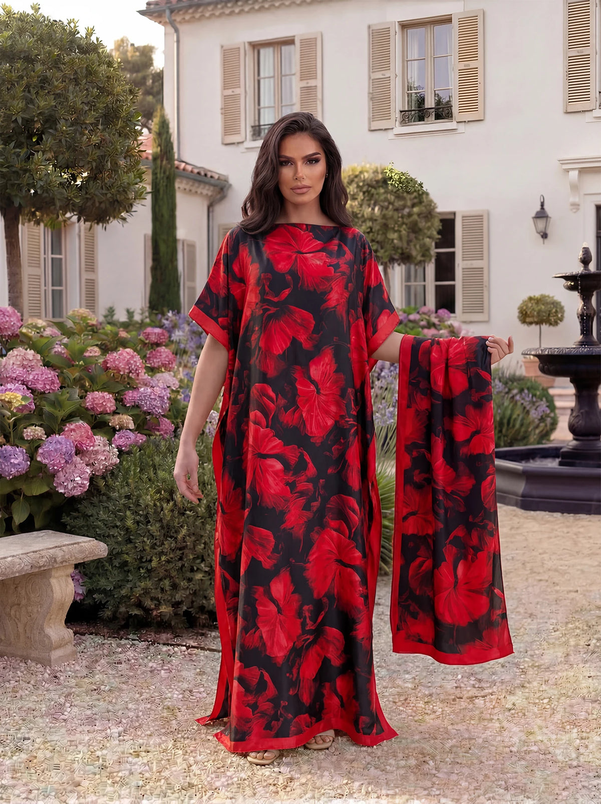 Boho Large Leaf Floral Print Satin Abaya Scarf Set, Loose Batwing Maxi Kaftan For Muslim Women Summer Beach Daily Holiday Wear