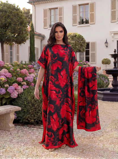 Boho Large Leaf Floral Print Satin Abaya Scarf Set, Loose Batwing Maxi Kaftan For Muslim Women Summer Beach Daily Holiday Wear