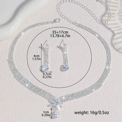 Ladies' Fashionable Silver-Plated And Diamond-Encrusted Metal Necklace, Earrings Set, Bride'S Wedding Attire And Accessories