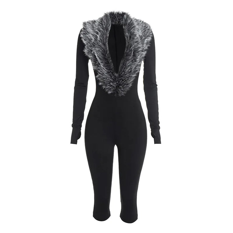 FAGADOER Women Bodycon One Piece Jumpsuit Faux Fur Patchwork Trim Deep V Long Sleeve Stretch Slim Fit Sexy Streetwear Outfit New