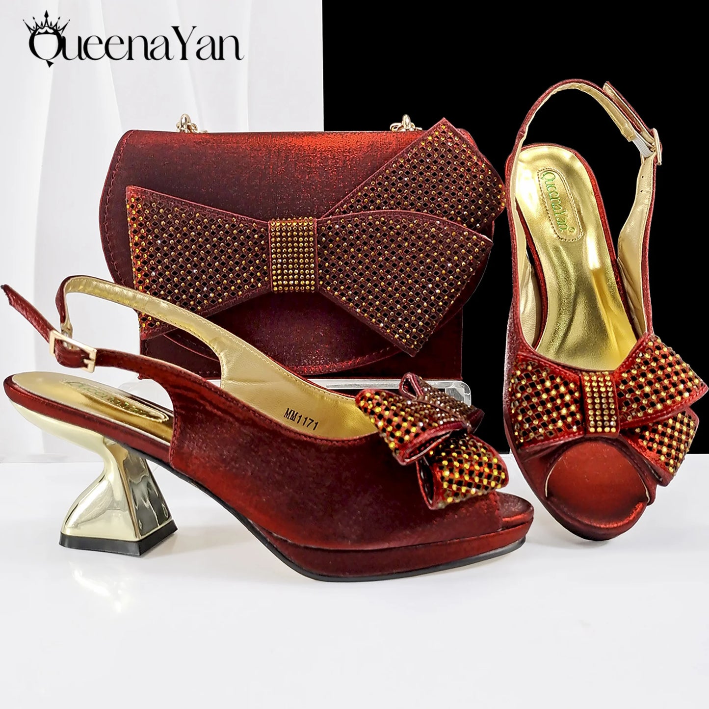 Queena Yan Sky Blue Color Peep Toe High Women Heels Shoes and Bags for Women Rhinestone Evening Party Elegant Luxury Handbag
