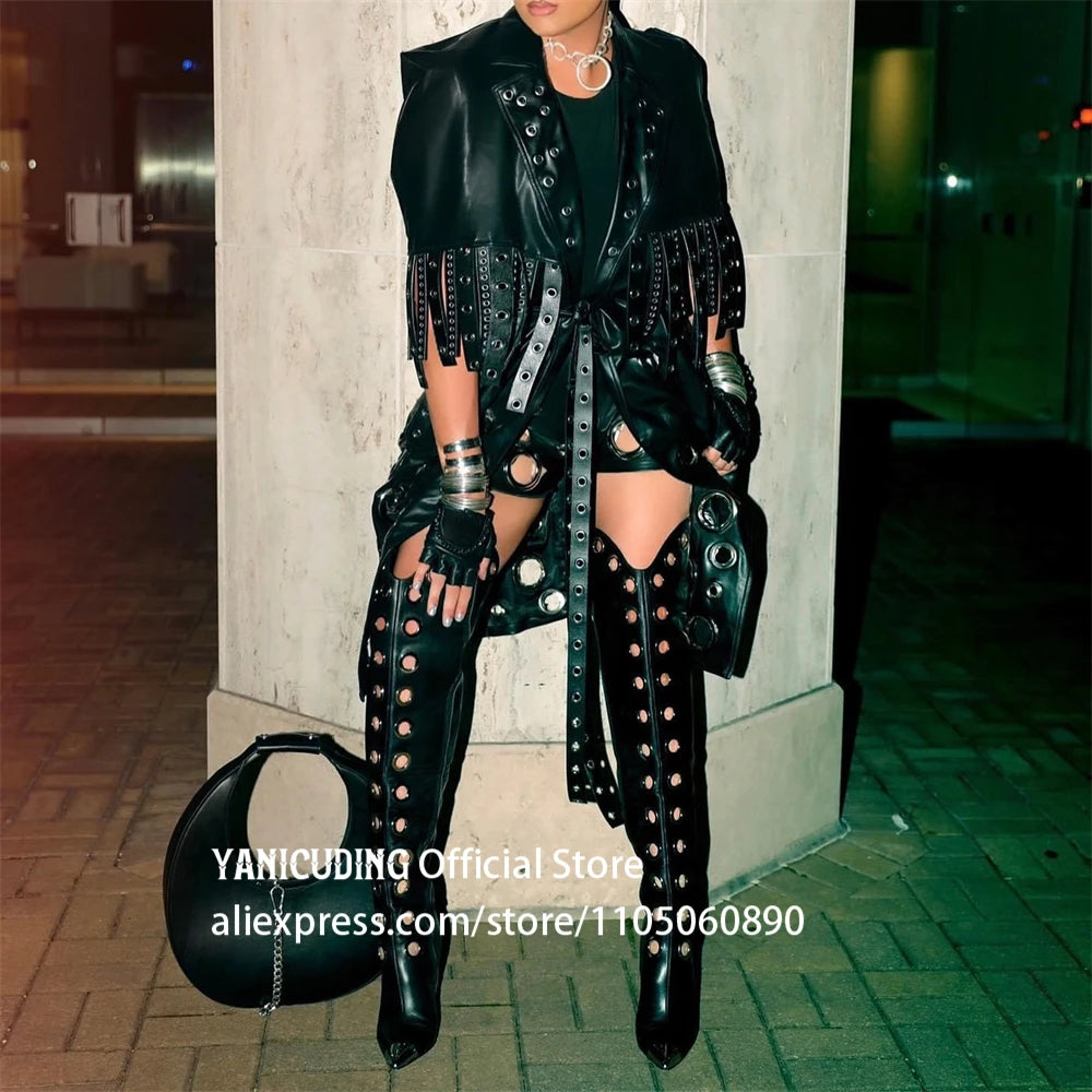 Novelty Circle Heel Knee High Boots Metal Pointed Toe Multiple Eyelet Boots Customizable Multi-color High Heeled Boots for Women