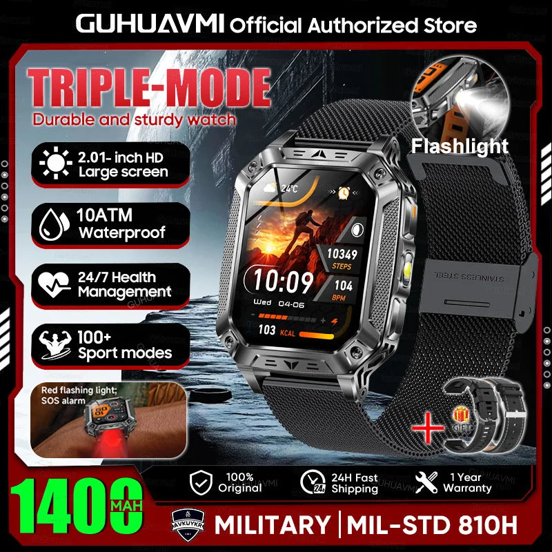 2026 New Military outdoor 1400mAh Battery SmartWatch Men Waterproof Call 2.01" HD AMOLED Sports Heart rate Flashlight Smart Band