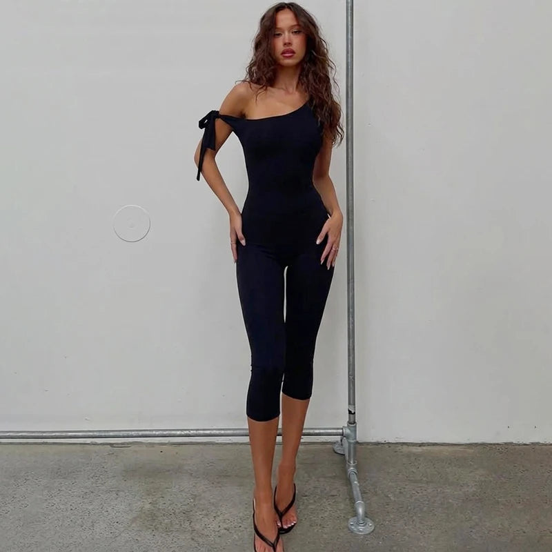 Hugcitar Women'S Fashion One Shoulder Solid Straps Bandage Backless Sexy Playsuit Bodycon Summer Streetwear Party Club Romper