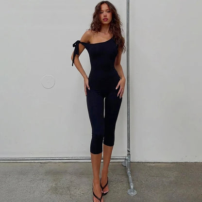 Hugcitar Women'S Fashion One Shoulder Solid Straps Bandage Backless Sexy Playsuit Bodycon Summer Streetwear Party Club Romper
