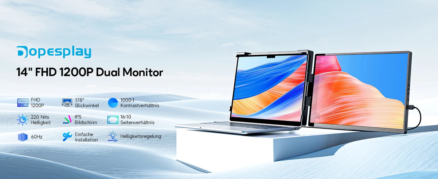 Dopesplay 14.1 inch Portable Monitors 1200P HDR External Screen Extender for Laptop XBox PS4 5 Second Display up to 17.3 Laptops
