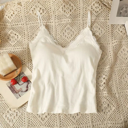 Women Sexy Padded Camisole Lace Back Seamless Tank Top V Neck Spaghetti Strap Vest Breathable Casual Base Layer Underwear