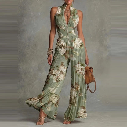 Elegant Lady Zipper Wide Leg Playsuits Stand Collar High Waist Pleat Jumpsuit Fashion Sleeveless Pure Color Slim Commute Rompers