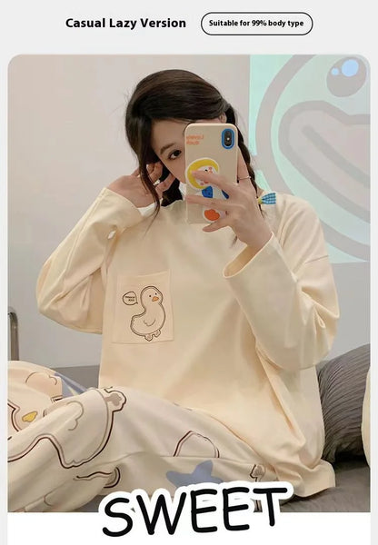 Spring and Autumn New Women's Pajamas Homewear Suit Girls Thin Section Long-Sleeved Students Big Yards Cartoon Loose Pajamas