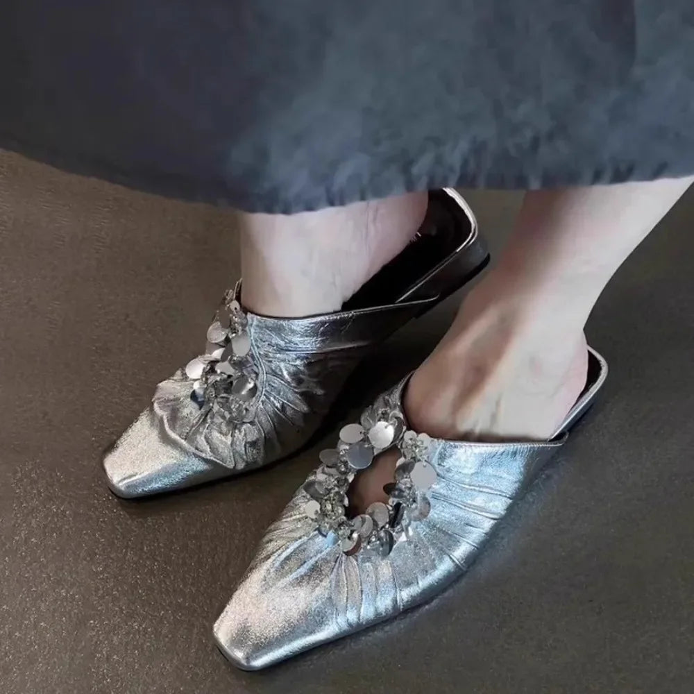 Women Mules Shoes Bling Flats Square Toe Slippers Elegant New 2025 Summer Sandals Dress Party Luxury Woman Slingback Shoes Mujer