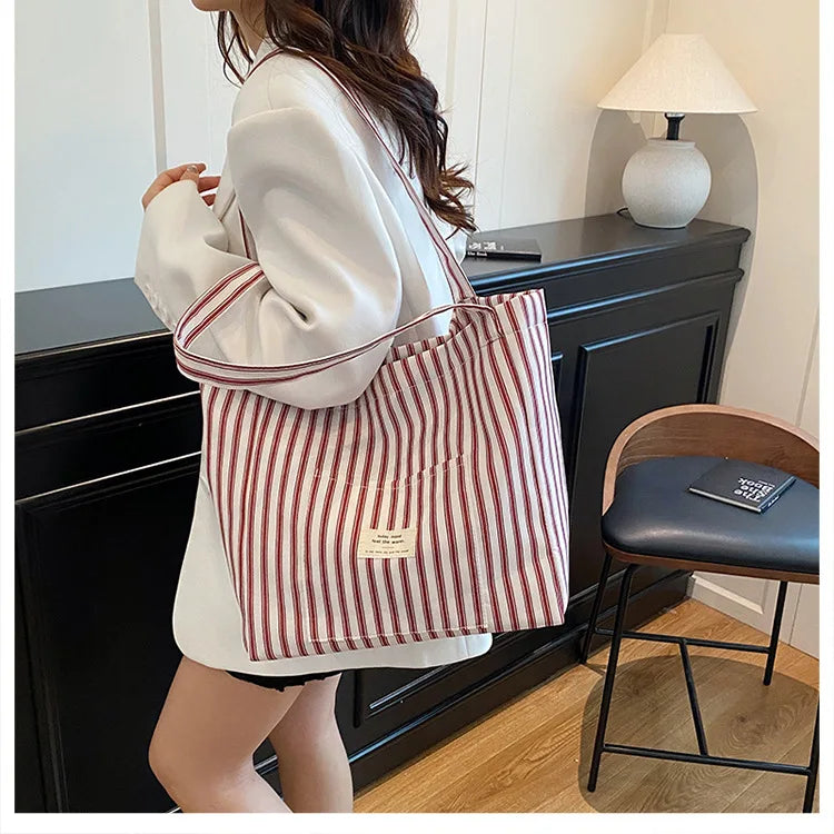 Contrast Color Stripes Women Shoulder Bags Versatile Ladies Large Capacity Tote Bag Lightweight Portable Female Shopping Handbag