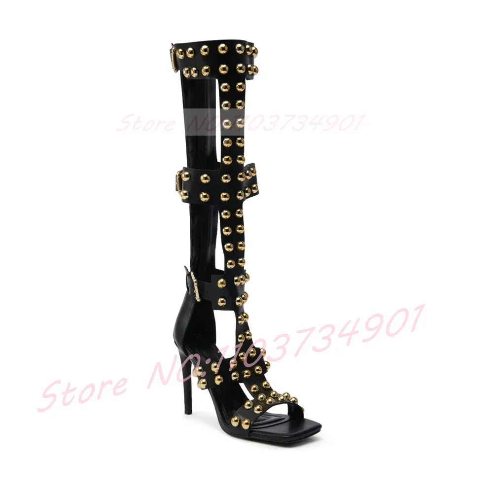 Gold Dome Studs Gladiator Sandals Women Party Open Toe Belt Buckle Rivets Knee High Shoes Female Sexy Black High Heels Sandals