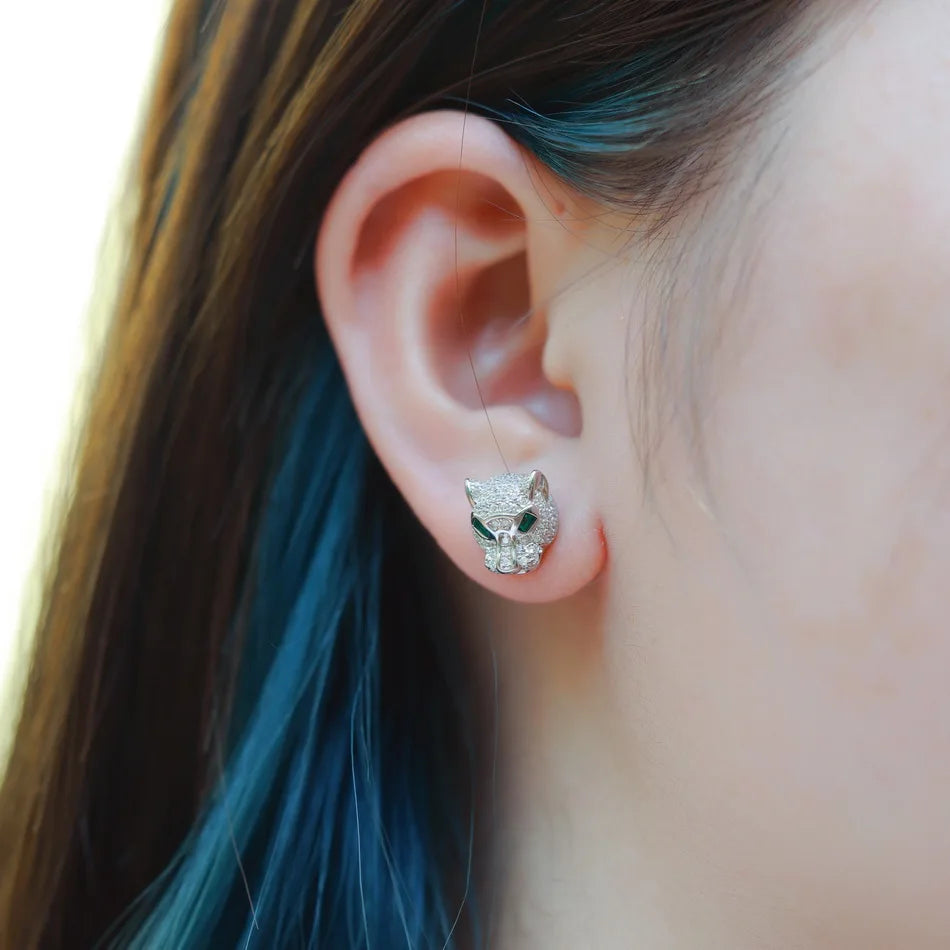 ALLNOEL 100% 925 Silver Stud Earrings For Women Leopard Head Green CZ Eye Panther Animal Jewelry Hip Hop Punk Gift Wholesale