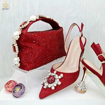 QSGFC 2026 New Fashion Purple Sandals Sequins Rhinestone Point Toe High Heels Slingback Women's Dress Women's Shoes & Bag Set