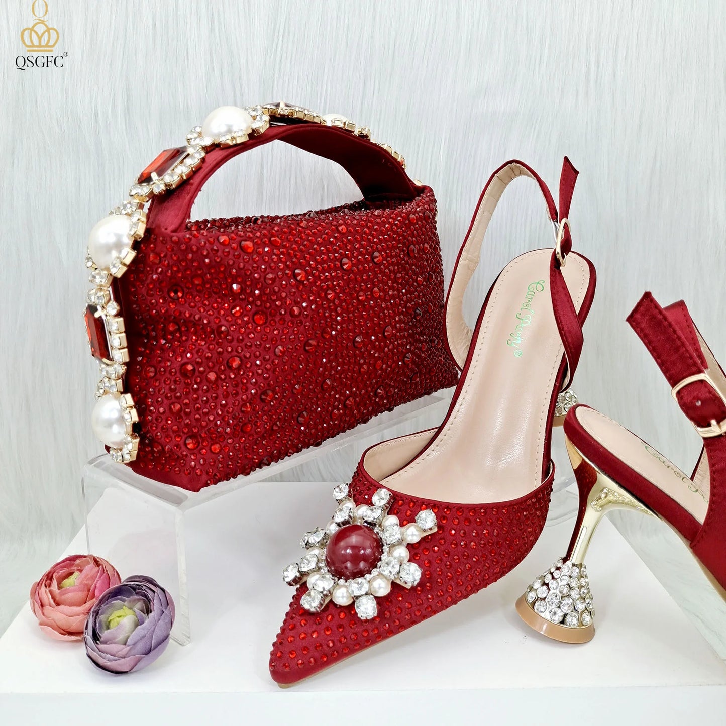 QSGFC 2023 New Fashion Purple Sandals Sequins Rhinestone Point Toe High Heels Slingback Women's Dress Women's Shoes & Bag Set