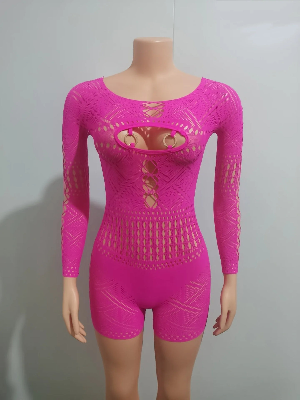 HBLL Sexy Sheer Mesh Playsuit Women Rompers Long Sleeve Hollow Out Skinny Night Club Outfit One Pieces Jumpsuit Shorts Bodysuit