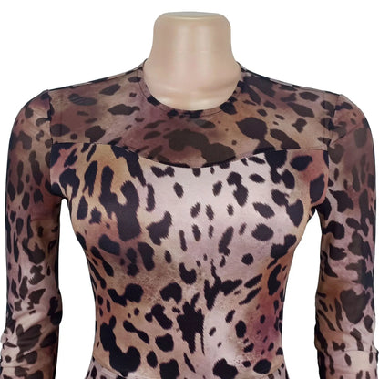 Sexy Bodycon Jumpsuits Women Clothes Leopard Mesh Print Semi Perspective Jump Suit Long Sleeve Bodysuit Nightclub Club Clothes