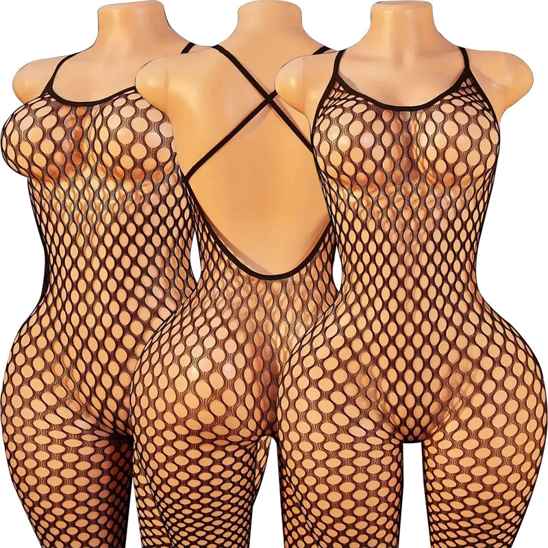 Sexy Backless Crotchless Jumpsuits For Women Fishnet Hollow Romper Erotic Outfits Hanging Neck Bodycon Jumpsuit Mesh Streetwear