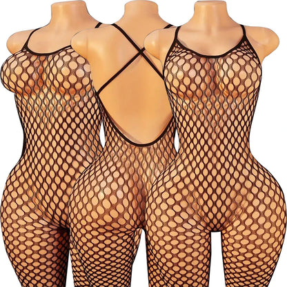 Sexy Backless Crotchless Jumpsuits For Women Fishnet Hollow Romper Erotic Outfits Hanging Neck Bodycon Jumpsuit Mesh Streetwear