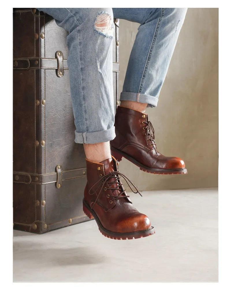 Fashion Men's Genuine Leather Motorcycle Boots British Brogue Shoes High-top Round Toe Mid-calf Chelsea Western Riding Boots