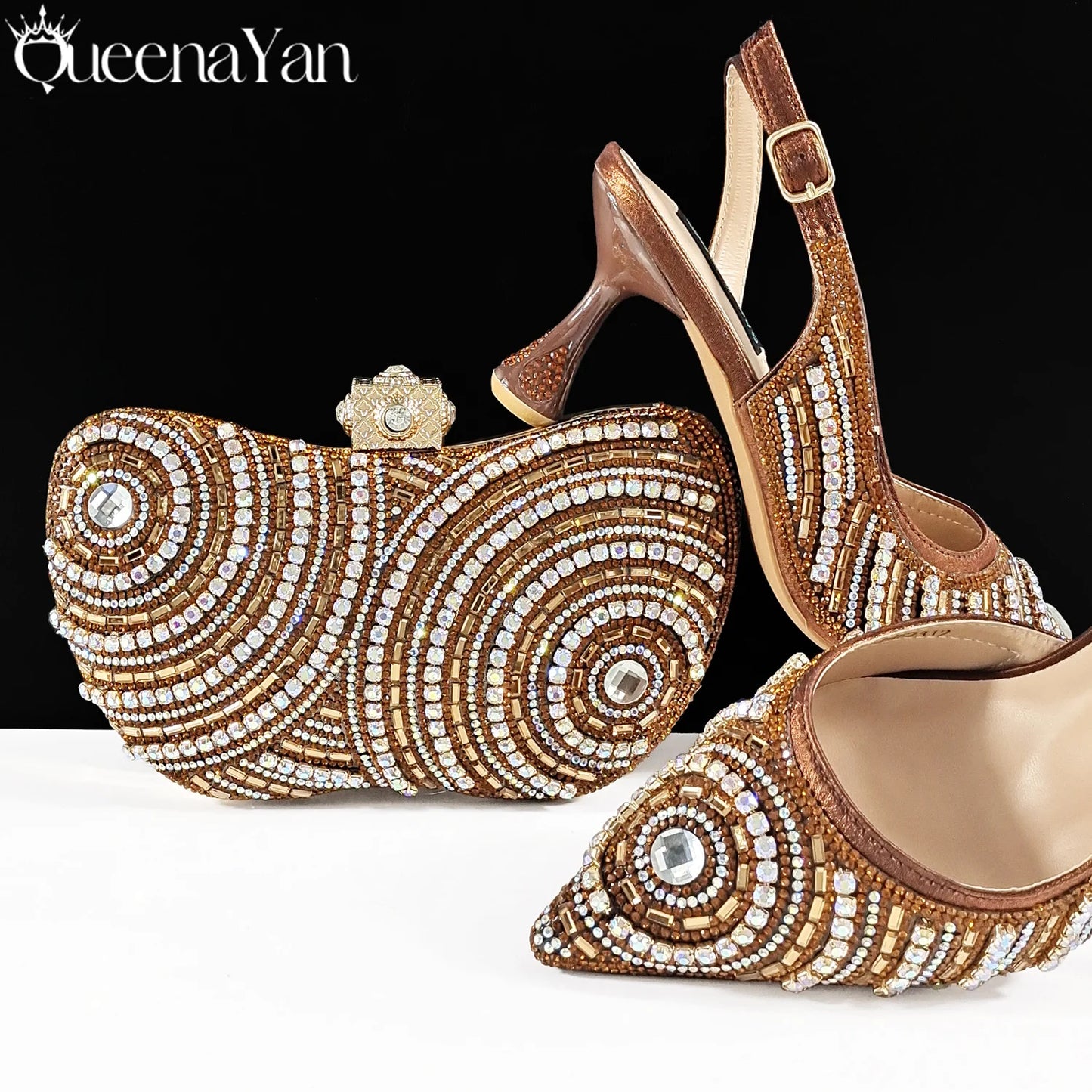Queena Yan High-end Matching Women's Shoes with Diamond Hard Box Bag Popular in Nigeria Party Women's High Heels