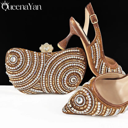Queena Yan High-end Matching Women's Shoes with Diamond Hard Box Bag Popular in Nigeria Party Women's High Heels