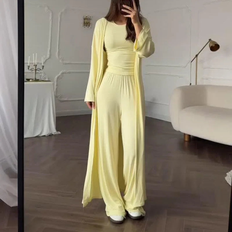 Women Cardigan Vest Wide Leg Pants 3 Piece Sets Top Long Coat Trousers Suit Office Lady Ensemble Spring Summer 2026 Outfits