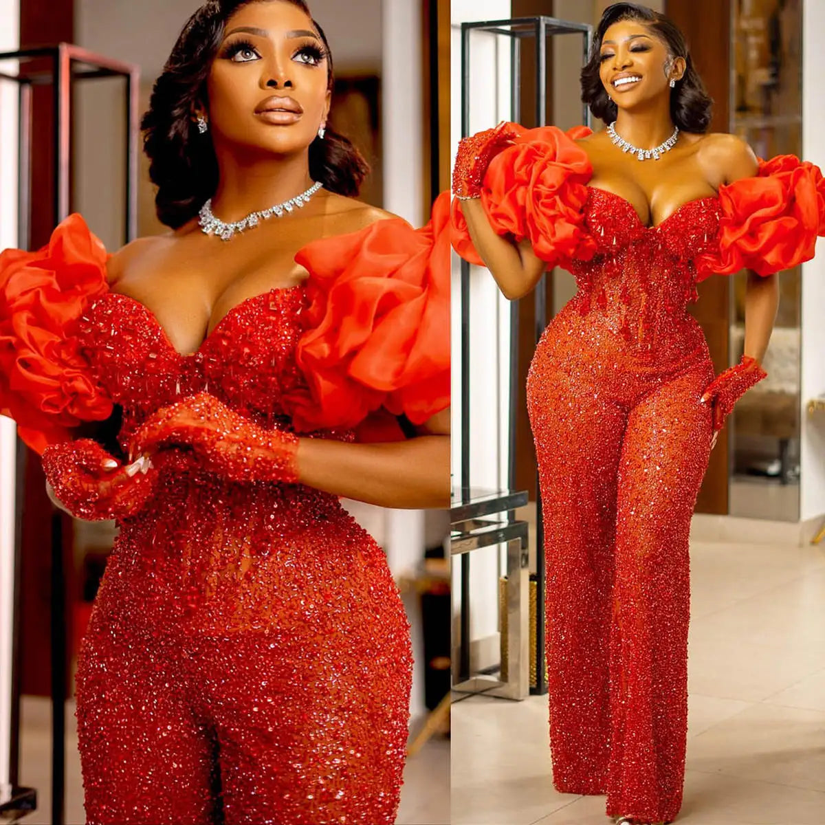 Luxurious Beaded Prom Dresses Off The Shoulder Sequined Evening Dress Ruffles Sleeve Jumpsuits Celebrity Party Gown