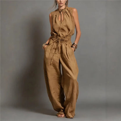 Summer Fashion Elastic Waisted Wide Leg Jumpsuit Women's Sleeveless Sexy Deep V-Neck Lace-up Loose Pockets Female Rompers 2026