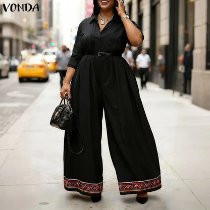 Casual Jumpsuits Plus Size VONDA 2026 Women Long Rompers Elegant Office Lady Overall Patchwork Loose Long Sleeve Playsuits