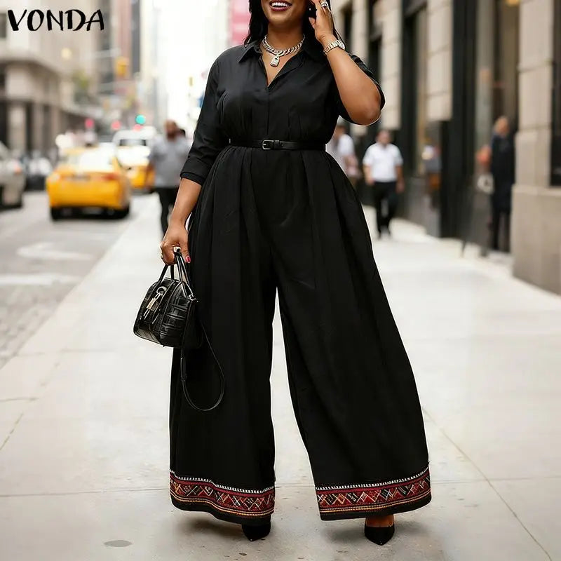 Casual Jumpsuits Plus Size VONDA 2026 Women Long Rompers Elegant Office Lady Overall Patchwork Loose Long Sleeve Playsuits